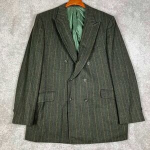 Vintage Sport Coat Mens Herringbone Pinstripe Double Breasted Blazer Green PEAK!